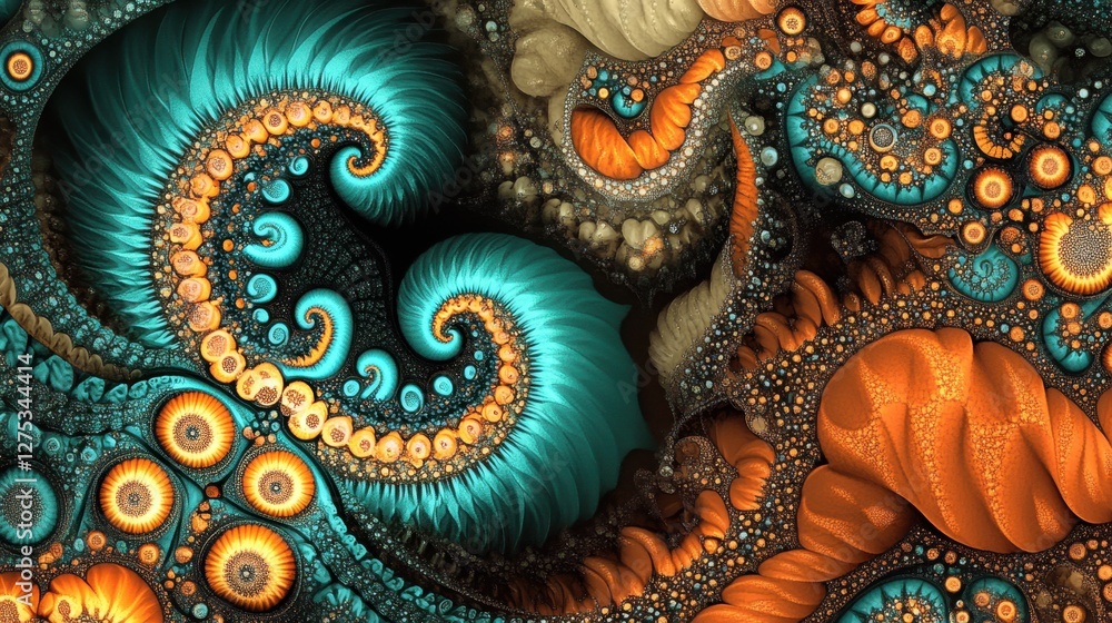 Poster a futuristic digital background featuring a glowing teal and orange color scheme with complex fracta
