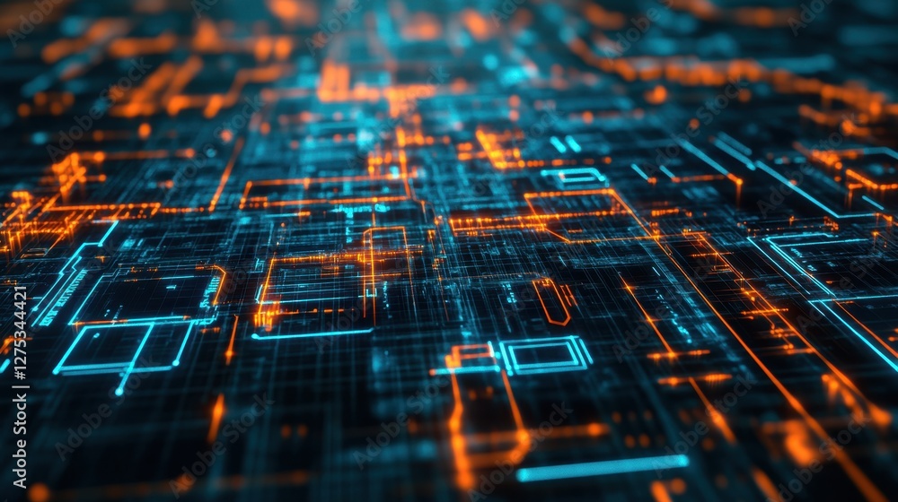 Poster a futuristic digital background featuring a glowing teal and orange color scheme with complex fracta
