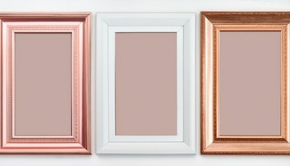 Rose Gold and White Artistic Frames Arrangement Elegant, Timeless, and Sophisticated in a Portrait Orientation, Perfect for Displaying Memorable Portraits or Decorative Artworks.