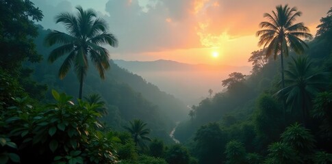 Jungle vegetation emerges from the dense fog at dawn, trees, tropical