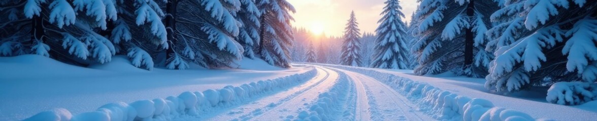 Icy road winds its way through a frosty forest, frosty, road
