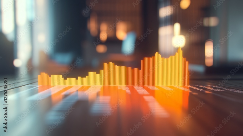 Poster digital audio waveform visualization in a modern workspace showcasing vibrant energy and sound dynam