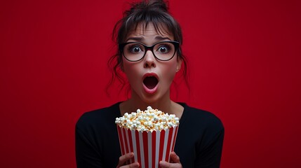 Amazed woman with popcorn in front of red background.