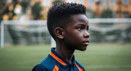 Black African boy in soccer field background athletic wear young teen side view portrait