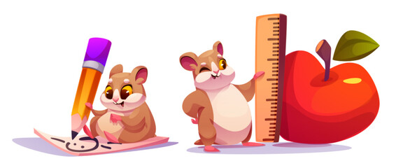 Fototapeta na wymiar Cute cartoon hamster characters with school supplies - drawing pet with oversized pencil, smiling rodent measuring red apple with wooden ruler. Adorable educational illustrations for children design.