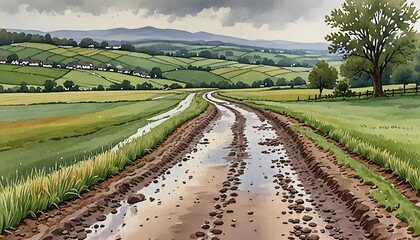 Soft Watercolor Wash of a Misty Countryside After Rainfall