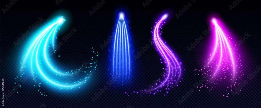 Poster magic arrow light trails set isolated on transparent background. vector realistic illustration of ne
