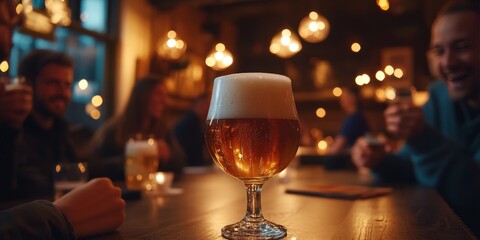 Glass of beer standing on table in pub with friends chatting in background in holland