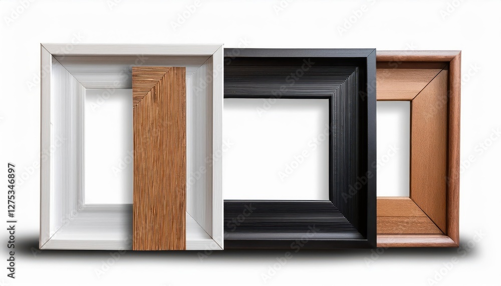 Poster elegant horizontal picture frames arranged on a flooring or sideboard, casting soft shadows and offe