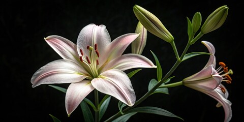 A stunning pink lily with buds, radiating beauty in the dark.