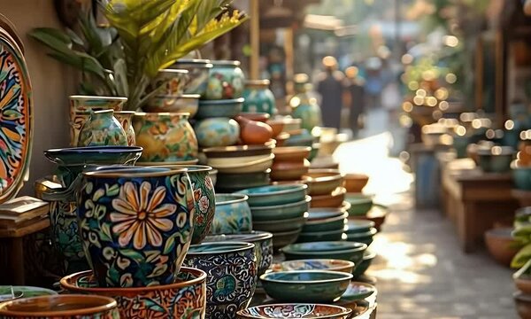 Colorful Pottery Displayed at Outdoor Market