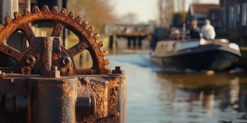 Rusty gear turning and blurred boat sailing on canal in holland