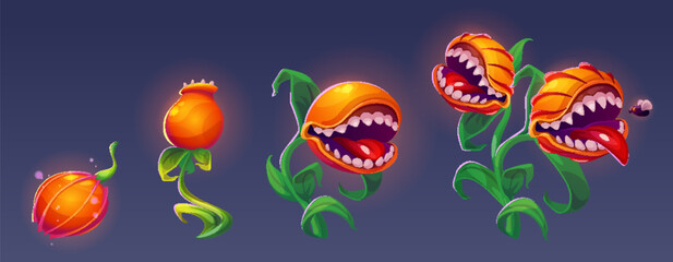 Growth stages of carnivorous monster plant - glowing orange bud evolving into scary fanged predator flowers. Progressive development sequence with sharp teeth, leafy stems for fantasy game design. © klyaksun