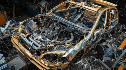 Abandoned Car Shell in Junkyard Surrounded by Scrap Metal and Debris