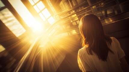 Fototapeta premium Woman on escalator, backlit by bright sunlight streaming through a window.
