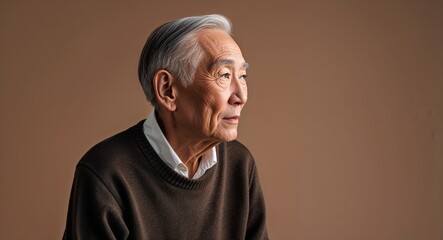 Elderly Asian man in plain brown background dark sweater side view portrait