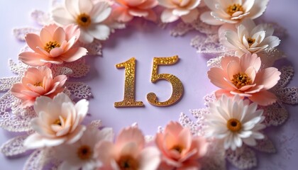 Elegant floral quinceanera invitation design. Gold glittering number 15, pastel colors, flowers, lace decoration, festive ornament for birthday celebration or wedding anniversary card.