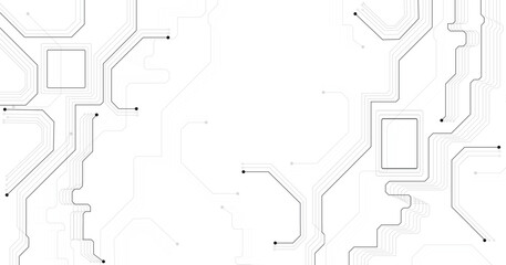 Grey circuit diagram technology on a white background with various technology elements. Digital technology and science background.