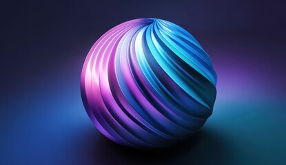 Abstract metallic sphere with swirling purple and blue gradient.