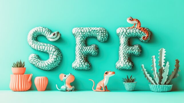 Cute animal figurines and textured letters SFF on teal background.
