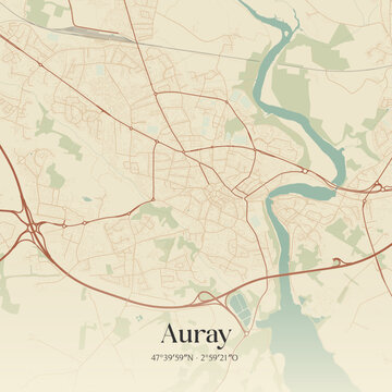 Vintage map of Auray, France.