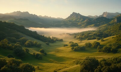 Fototapeta premium Misty Valley Sunrise Golden Light on Rolling Green Hills