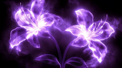Obraz premium Glowing Purple Lilies in Smoky Darkness