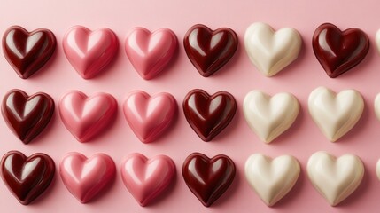 Rows of pink, white, and dark chocolate heart-shaped candies on pink background.