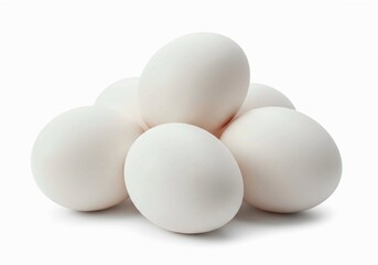 Seven white eggs, with their smooth texture and natural look, are grouped together in a simple composition