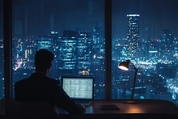 A business executive sits in a dark office, staring at a long to-do list on their laptop. A city skyline glows through the window behind them, Generative AI
