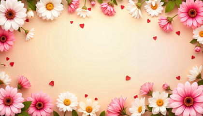 Obraz premium Beautiful floral frame with pink and white flowers and heart-shaped decorations, copy space for messages 