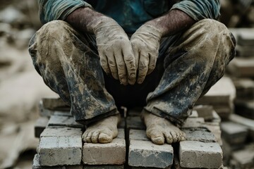 Fototapeta premium A construction worker sits on a stack of bricks, resting for a brief moment. Their hands are covered in dust and sweat drips from their, Generative AI 
