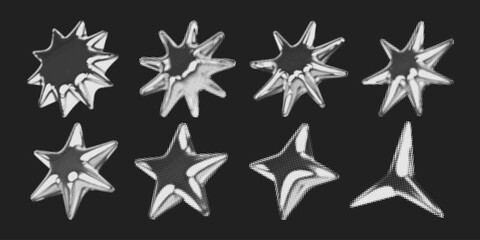 Obraz premium Y2k 3d chrome halftone stars shape retro abstract elements vector illustration set. Chrome silver 3d metallic halftone semitone retro effect collection. Y2k space various star retro futuristic shapes.
