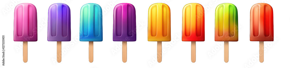 Poster set of rainbow popsicles in multiple fruit flavors single double stacked isolated on transparent bac