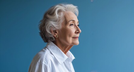 Elderly Caucasian woman in plain blue background white shirt side view portrait