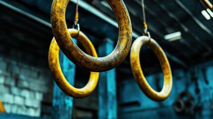 Close-up of two weathered yellow gymnastic rings hanging indoors.