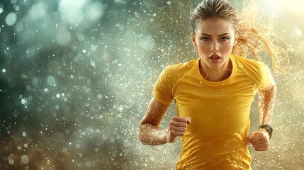 Dynamic image showcasing a female athlete mid stride during a powerful sprint her muscles engaged symbolizing her strength determination and the energy of competitive sports