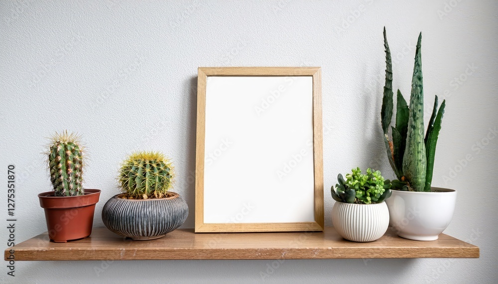 Aufkleber minimalistic shelf setup against a white backdrop, empty mockup frame with potential for text or gra
