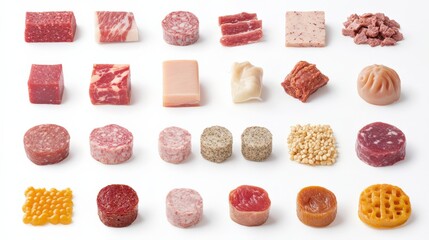 A variety of fresh meat cuts and processed meats arranged neatly on a white background