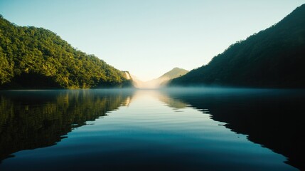 Serene lake reflects mountains and mist, creating tranquil atmos