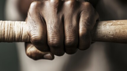 Baseball playoffs, a close-up of a player gripping the bat tightly, veins visible on their hands. Featuring playoff focus