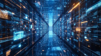 Futuristic digital data stream in virtual space, abstract technology background