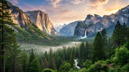 Obraz premium Majestic Mountain Landscape with Waterfall and Lush Forest