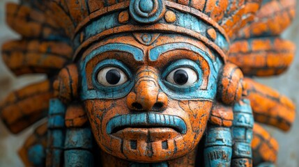 Detailed Aztec Mask with Feathered Headdress and Symbolic Facial Features. Generative AI