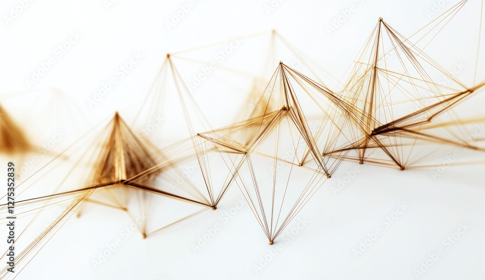 Poster abstract network of interconnected golden threads on white background.