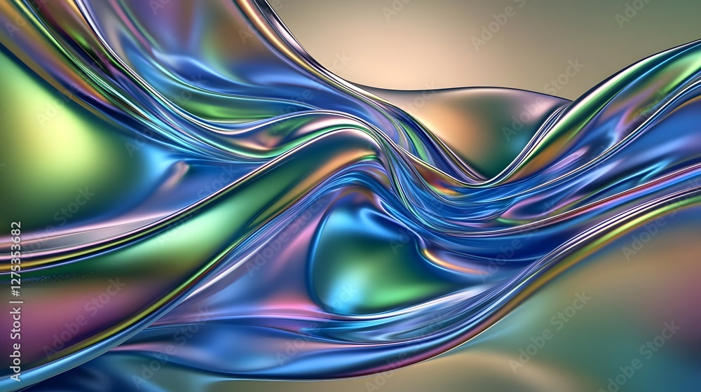 Poster surreal holographic cloth with fluid neon waves in high-tech futuristic setting