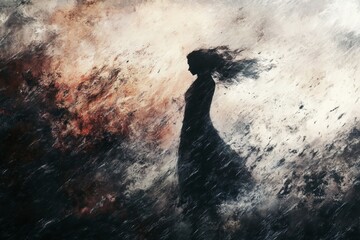 A woman standing in a storm, with the wind tearing her apart, symbolizing heartbreak and suffering.