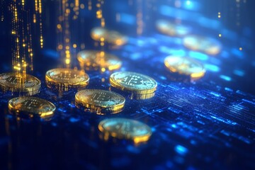 Cryptocurrency investment concept with blockchain technology, Bitcoin coins, and futuristic financial graphics.