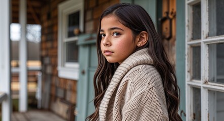Hispanic girl in farmhouse porch background cozy cardigan young teen side view portrait