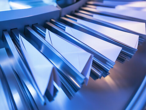 Automated envelope sorting machine with blue lighting and organized paper in modern design